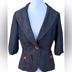 YOANA BARASCHI Anthropologie Gray + White Pinstriped Jacket W/Red Stitching Sz 8